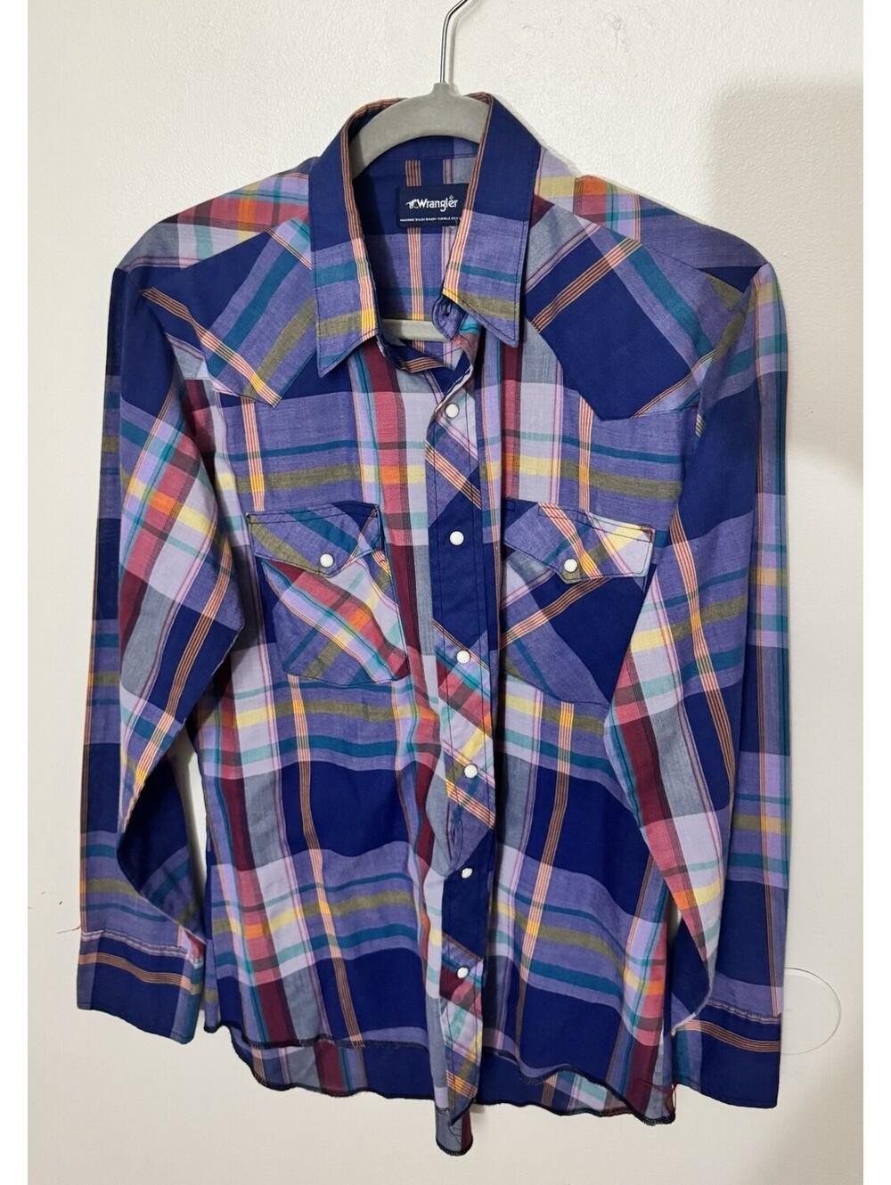 VTG Wrangler Cowboy Cut Snap Button Blue Long Sleeve Sz M - Made in USA